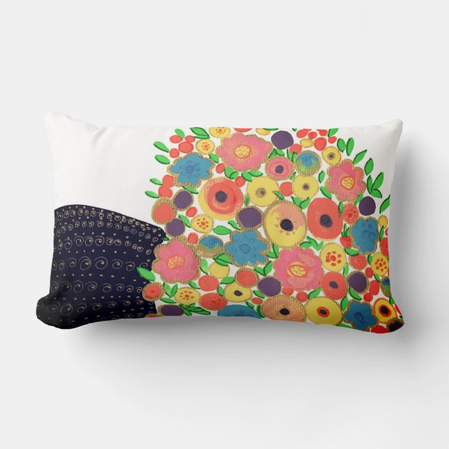 Colourful Flowers Bouquet in a Black Boho Vase Lumbar Cushion (Front)