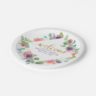 Colourful Flowers Bouquets Frame Wedding Welcome Paper Plate
