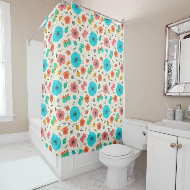 Colourful flowers bugs pattern shower curtain (In Situ)