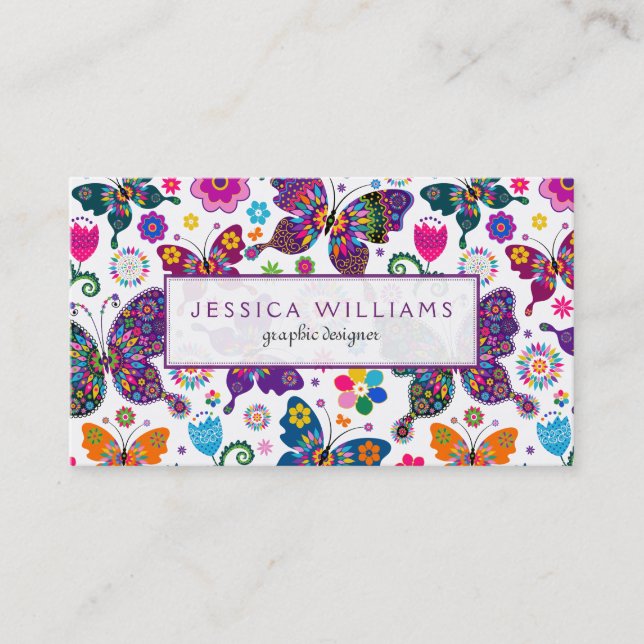 Colourful Flowers & Butterflies Pattern Business Card (Front)