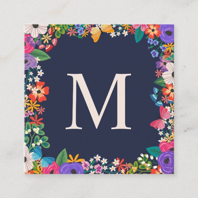 Colourful Flowers & Butterfly Framed Monogram Square Business Card (Front)