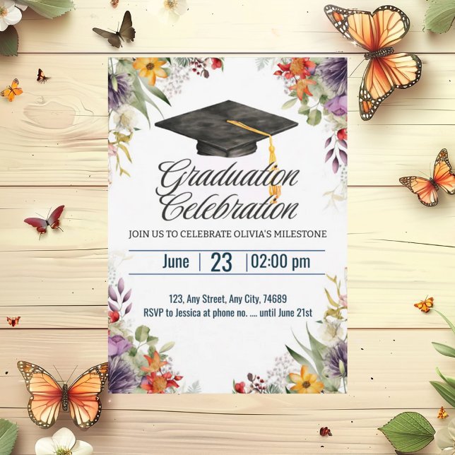 Colourful Flowers Cap Topper Graduation Celebratio Invitation (Creator Uploaded)