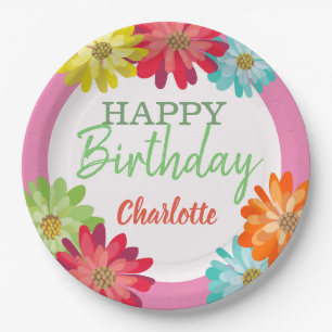 Colourful Flowers Custom Name Happy Birthday Paper Plate