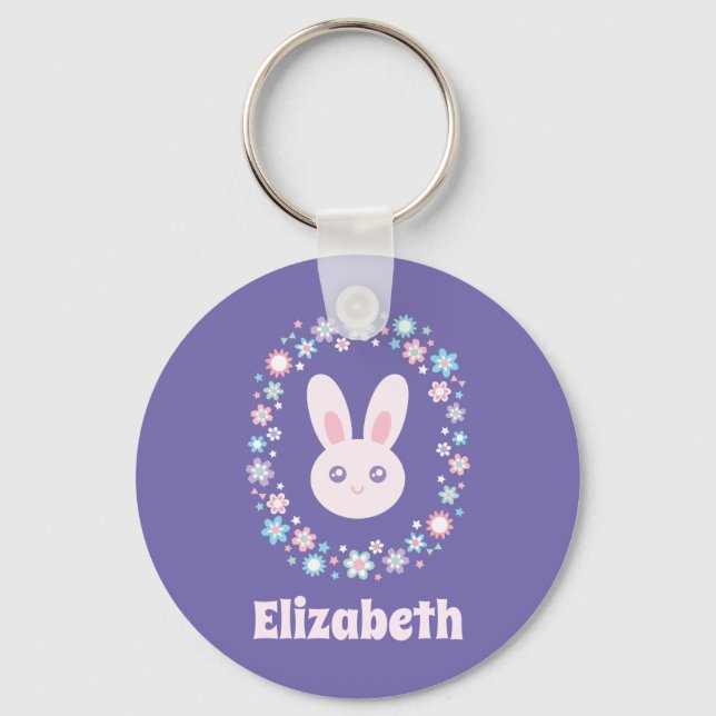 Colourful Flowers Cute Bunny Rabbit Lavender Blue Key Ring (Front)