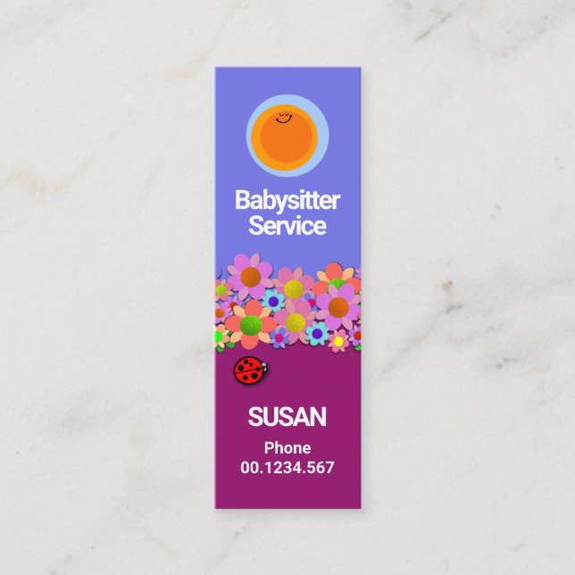 Colourful Flowers Cute Ladybug Babysitter Mini Mini Business Card (Front)
