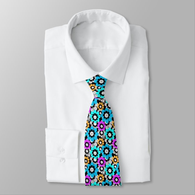 Colourful flowers daisies Blue Turquoise Purple  Tie (Tied)