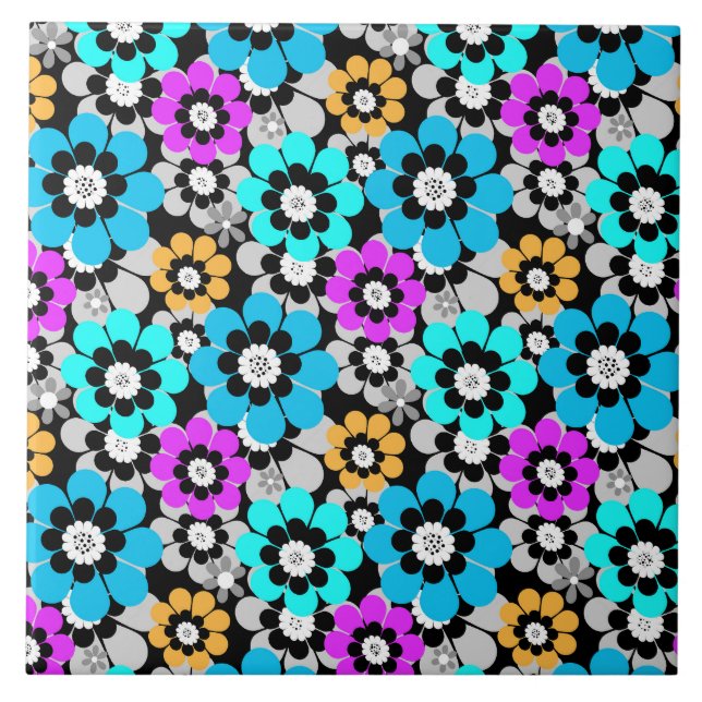 Colourful flowers daisies Blue Turquoise Purple  Tile (Front)