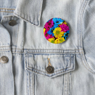 Colourful Flowers, Daisies - Blue Yellow Pink 6 Cm Round Badge