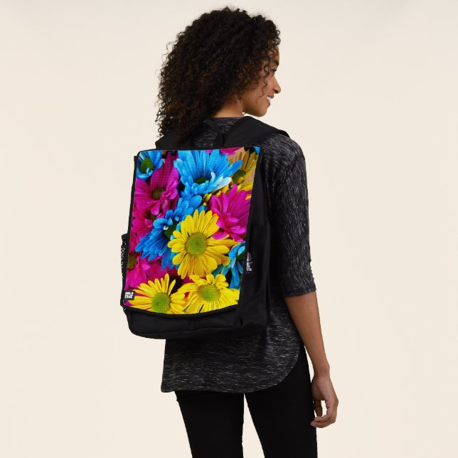 Colourful Flowers, Daisies - Blue Yellow Pink Backpack (Worn)
