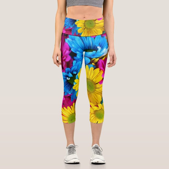 Colourful Flowers, Daisies - Blue Yellow Pink Capri Leggings (Front)