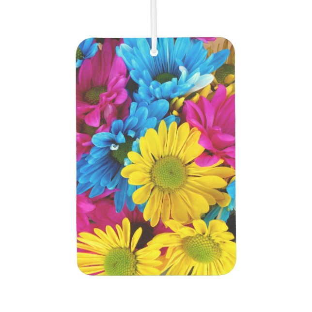 Colourful Flowers, Daisies - Blue Yellow Pink Car Air Freshener (Front)