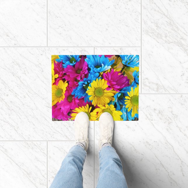 Colourful Flowers, Daisies - Blue Yellow Pink Doormat (Indoor)