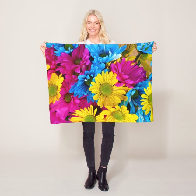 Colourful Flowers, Daisies - Blue Yellow Pink Fleece Blanket (In Situ)