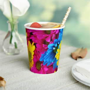 Colourful Flowers, Daisies - Blue Yellow Pink Paper Cups
