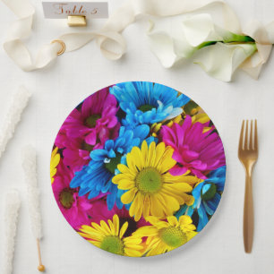 Colourful Flowers, Daisies - Blue Yellow Pink Paper Plate