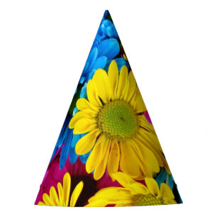 Colourful Flowers, Daisies - Blue Yellow Pink Party Hat