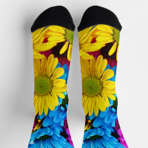 Colourful Flowers, Daisies - Blue Yellow Pink Socks