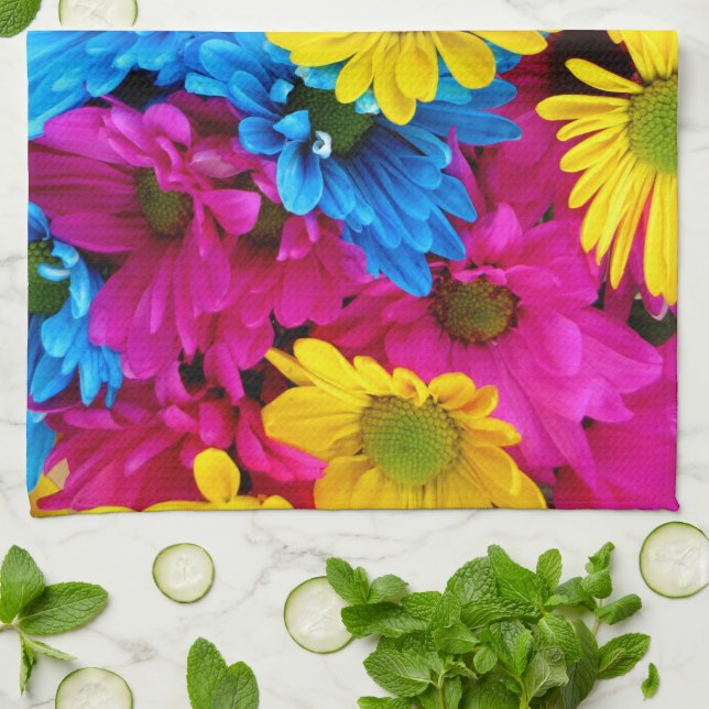 Colourful Flowers, Daisies - Blue Yellow Pink Tea Towel (Folded)