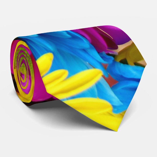 Colourful Flowers, Daisies - Blue Yellow Pink Tie (Rolled)