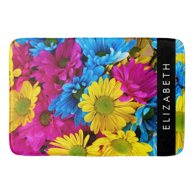 Colourful Flowers, Daisies, Boho, Your Name Bath Mat (Front)