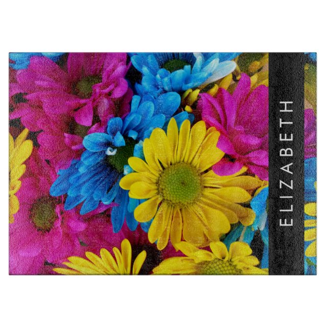 Colourful Flowers, Daisies, Boho, Your Name Cutting Board (Front)