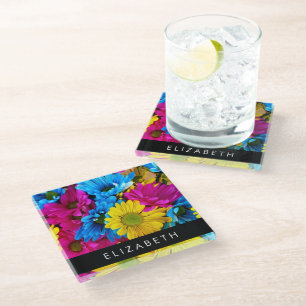 Colourful Flowers, Daisies, Boho, Your Name Glass Coaster