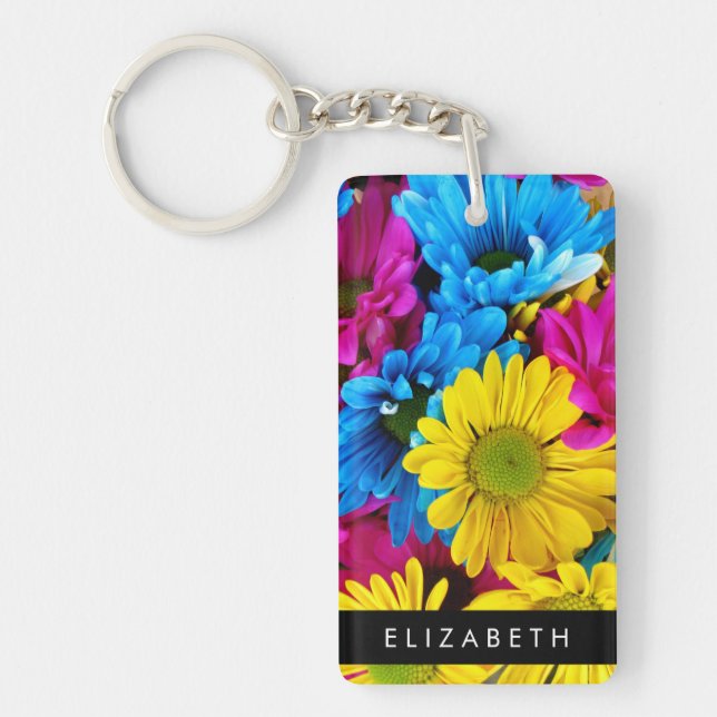 Colourful Flowers, Daisies, Boho, Your Name Key Ring (Front)
