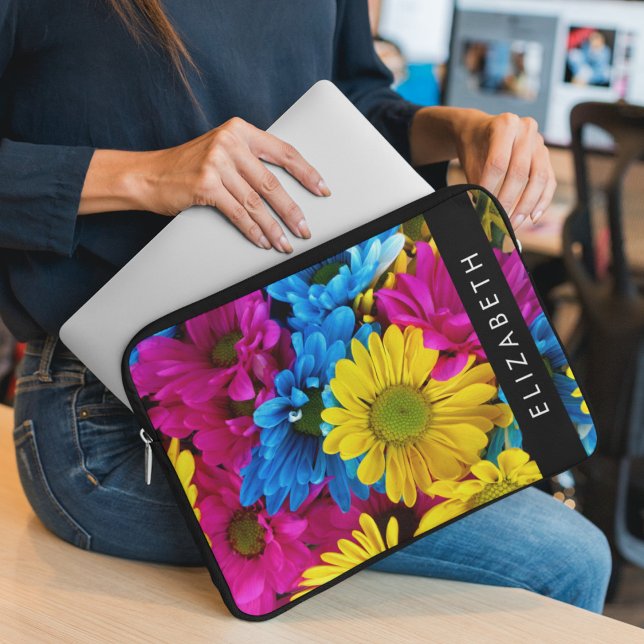 Colourful Flowers, Daisies, Boho, Your Name Laptop Sleeve (Creator Uploaded)