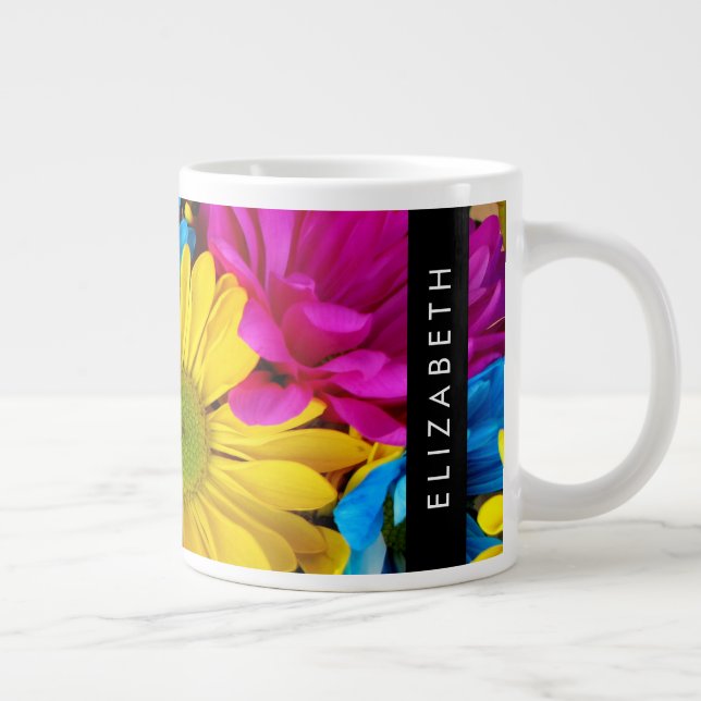 Colourful Flowers, Daisies, Boho, Your Name Large Coffee Mug (Right)