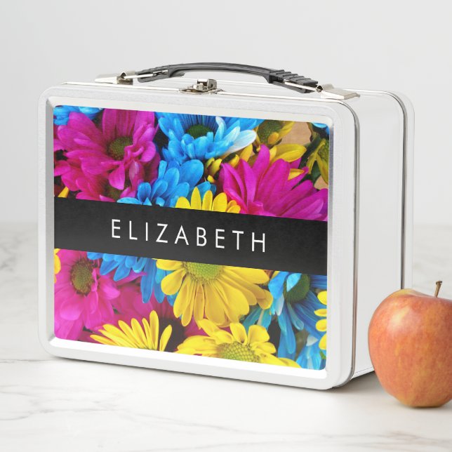 Colourful Flowers, Daisies, Boho, Your Name Metal Lunch Box (In Situ)
