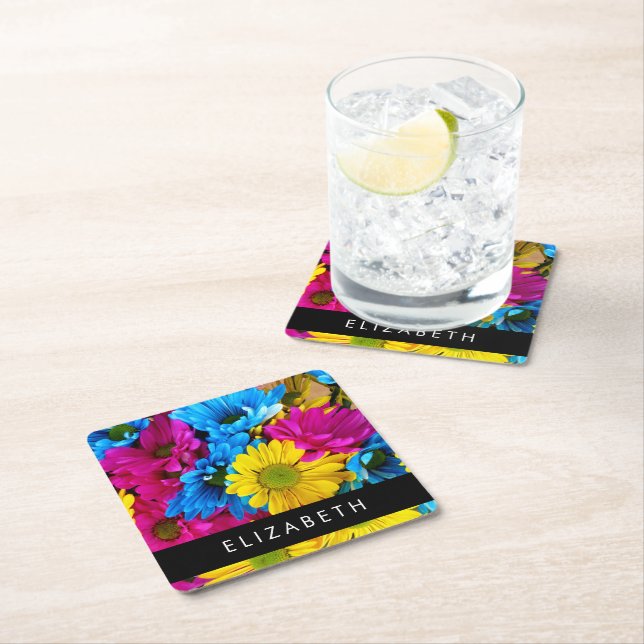 Colourful Flowers, Daisies, Boho, Your Name Square Paper Coaster (Insitu)