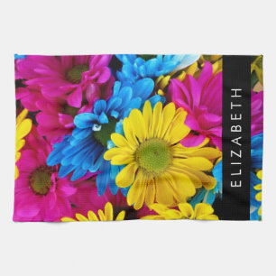 Colourful Flowers, Daisies, Boho, Your Name Tea Towel