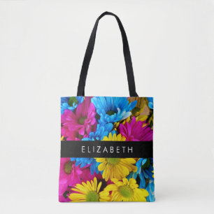 Colourful Flowers, Daisies, Boho, Your Name Tote Bag
