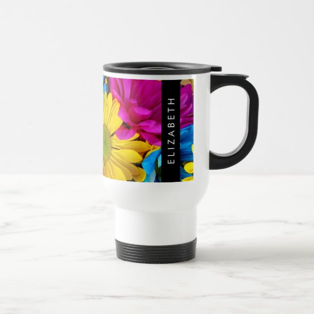Colourful Flowers, Daisies, Boho, Your Name Travel Mug (Right)