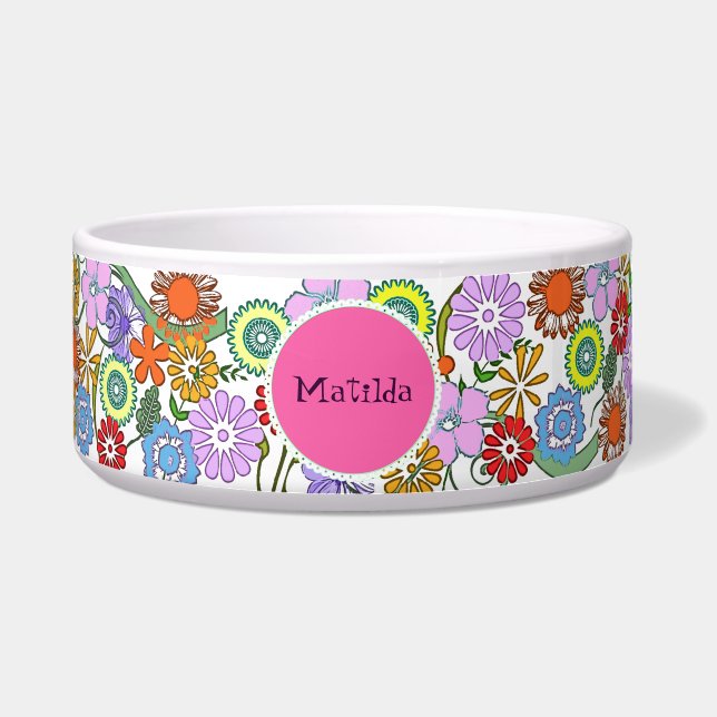Colourful Flowers Dog Ceramic Bowl (Front)