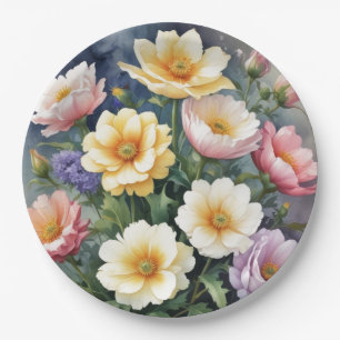 Colourful Flowers Elegant Watercolor Painting Paper Plate