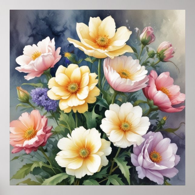Colourful Flowers Elegant Watercolor Painting Poster (Front)