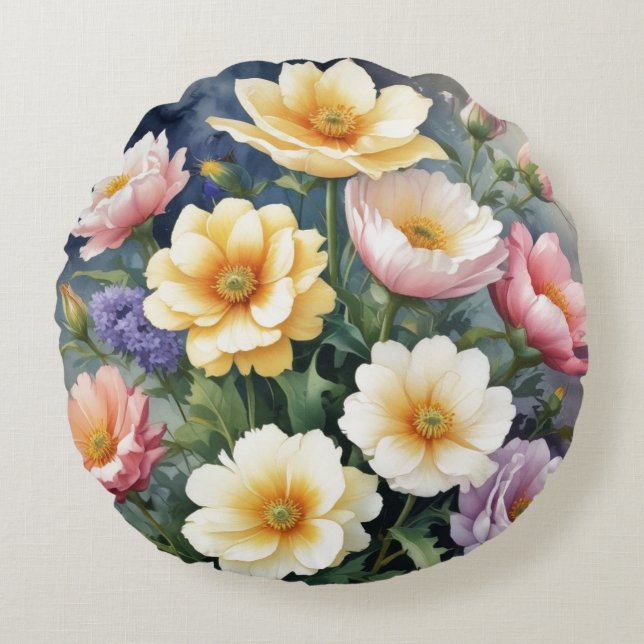 Colourful Flowers Elegant Watercolor Painting Round Cushion (Front)