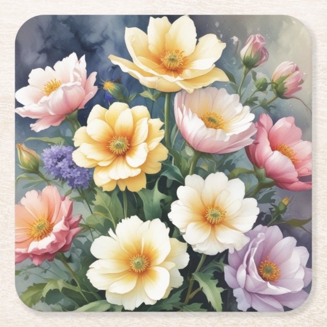 Colourful Flowers Elegant Watercolor Painting Square Paper Coaster (Front)