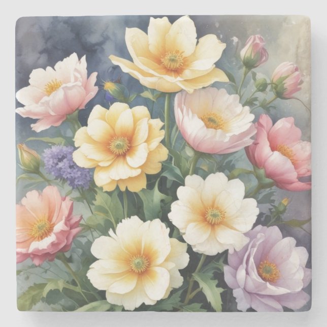Colourful Flowers Elegant Watercolor Painting Stone Coaster (Front)