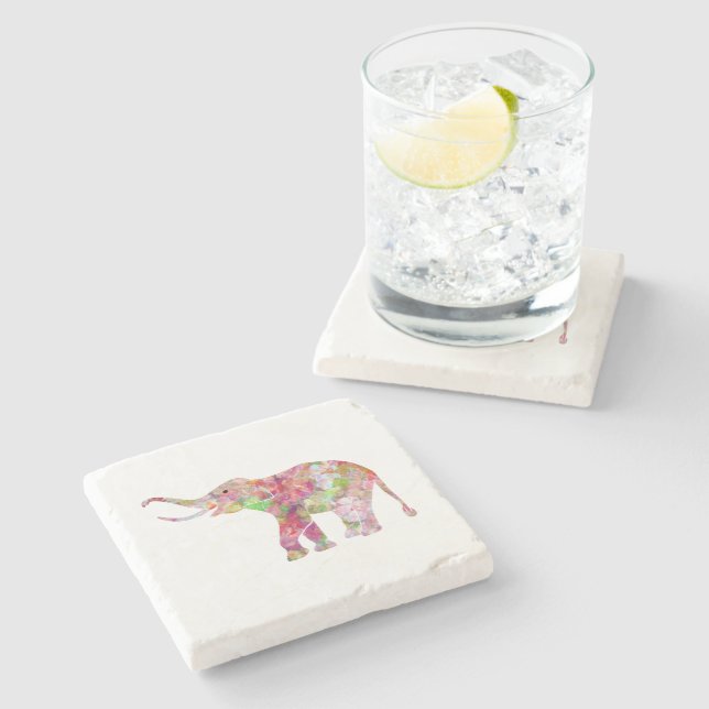 Colourful Flowers Elephant Illustration Stone Coaster (Side)