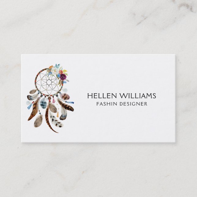 Colourful flowers & feathers dreamcatcher business card (Front)