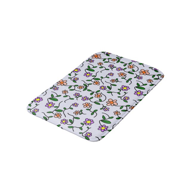Colourful Flowers, Floral Pattern, Greenery, Boho Bath Mat (Angled)