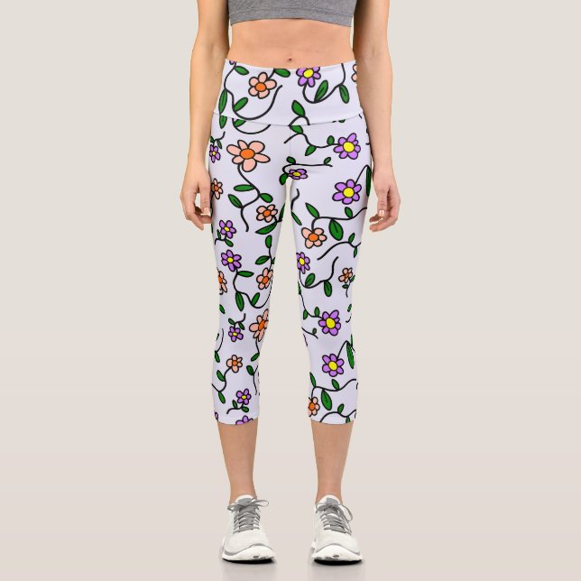 Colourful Flowers, Floral Pattern, Greenery, Boho Capri Leggings (Front)