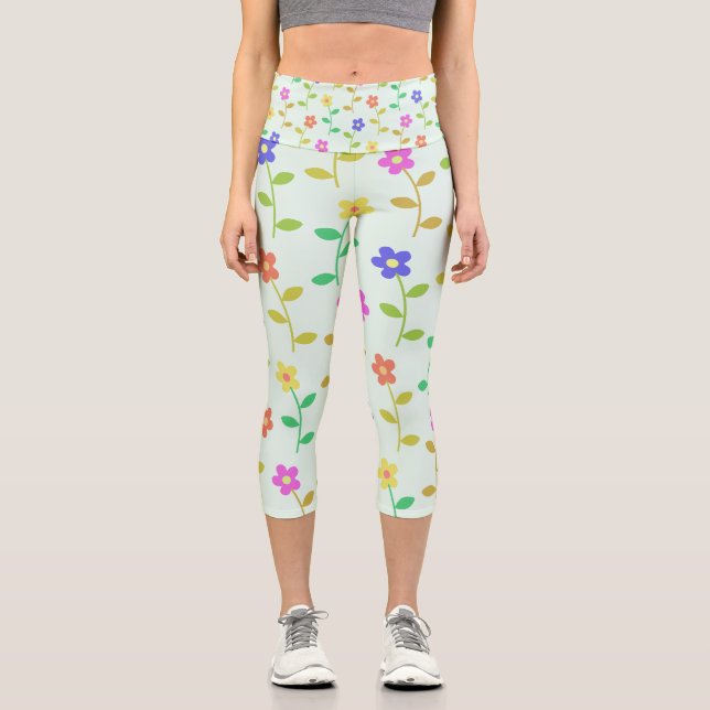 Colourful Flowers, Floral Pattern, Greenery, Boho Capri Leggings (Front)