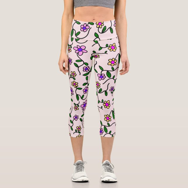 Colourful Flowers, Floral Pattern, Greenery, Boho Capri Leggings (Front)