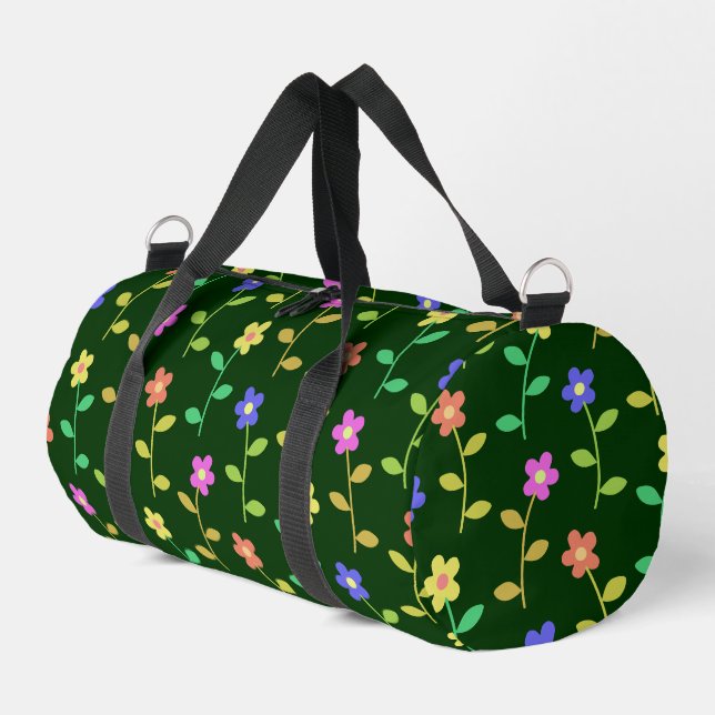 Colourful Flowers, Floral Pattern, Greenery, Boho Duffle Bag (Left Corner)