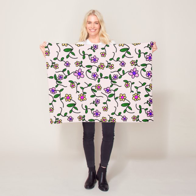 Colourful Flowers, Floral Pattern, Greenery, Boho Fleece Blanket (In Situ)