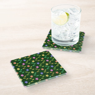 Colourful Flowers, Floral Pattern, Greenery, Boho Glass Coaster