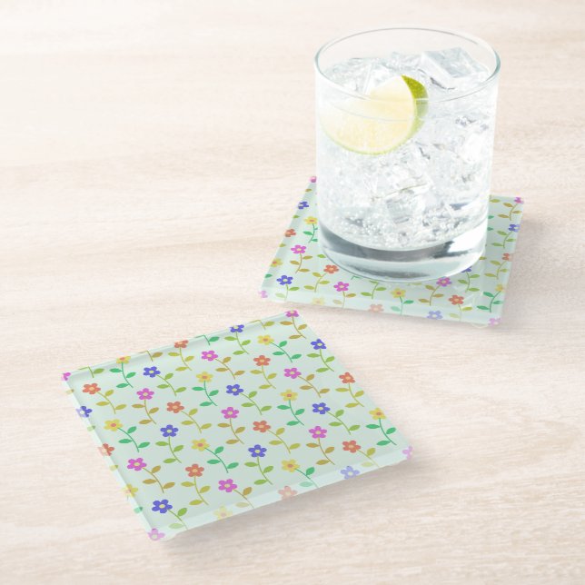 Colourful Flowers, Floral Pattern, Greenery, Boho Glass Coaster (Angled)